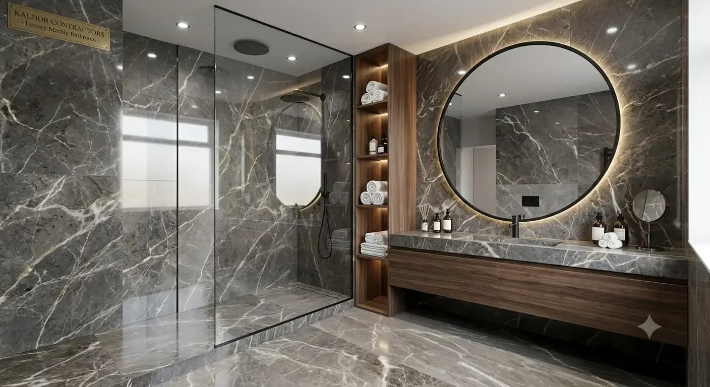 Marble walk-in bathroom — example of the bathroom fitting style offered by Kalhor Contractors in Nottingham